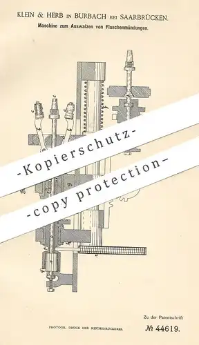 original Patent - Klein & Herb , Burbach / Saarbrücken 1887 , Auswalzen v. Flaschenmündungen | Flasche , Flaschen , Glas