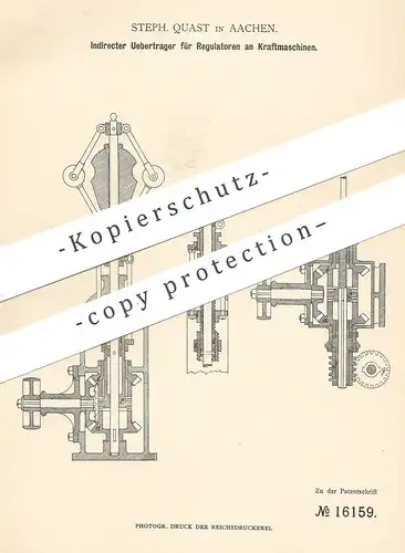 original Patent - Steph. Quast , Aachen , 1881 , Regulator an Kraftmaschine | Motor , Motoren , Gasmotor !!!