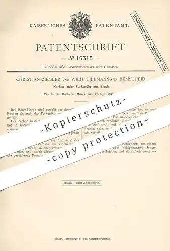 original Patent - Christian Ziegler , Wilh. Tillmanns , Remscheid , 1881 , Öhr für Harke , Forke | Rechen | Blech !!!