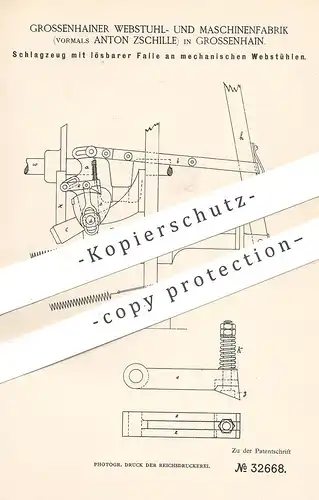 original Patent - Webstuhl- u. Maschinenfabrik , vorm. Anton Zschille , Grossenhain / Dresden | Schlagzeug am Webstuhl