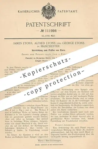 original Patent - James , Alfred und George Lyons , Manchester , England  1899 , Prüfen der Eier | Ei | Walze | Hühnerei