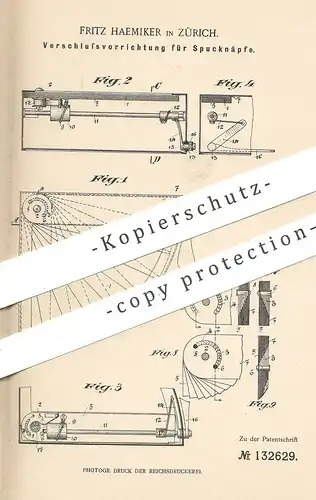 original Patent - Fritz Haemiker , Zürich , Schweiz , 1901 , Verschluss für Spucknapf | Spuckschale , Napf , Schale !!!