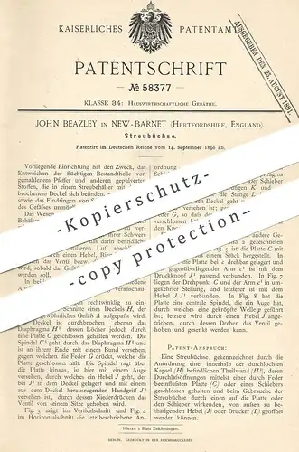 original Patent - John Beazley , New Barnet , Hertfordshire , England , 1890 , Streubüchse  | Salzstreuer Pfefferstreuer