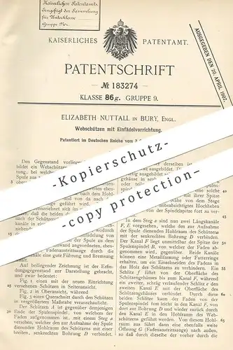 original Patent - Elizabeth Nuttall , Bury , England 1904 , Webschützen mit Einfädelvorrichtung | Webschütze , Webstuhl