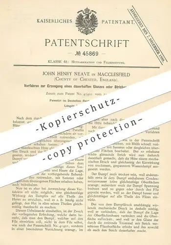 original Patent - John Henry Neave , Macclesfield , Chester , England | 1888 | Anstrich & Glanz auf Filzhut | Hut , Filz