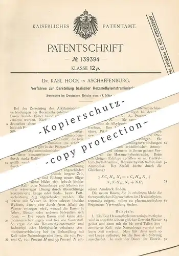 original Patent - Dr. Karl Hock , Aschaffenburg , 1902 , basisches Hexymethylentetraminderivate | A. Eichengrün | Chemie
