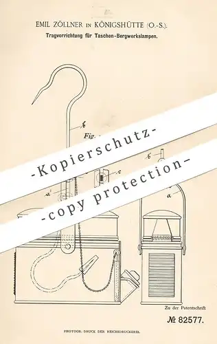 original Patent - Emil Zöllner , Königshütte 1894 | Trage für Taschen - Bergwerkslampe | Taschenlampe , Bergwerk , Lampe