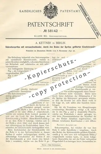 original Patent - A. Kettner , Berlin , 1890 , Subkutanspritze | Spritze , Kanüle | Medizin , Arzt , Krankenhaus !!!