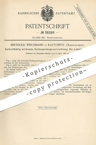 original Patent - Berthold Weichmann , Kattowitz / Oberschlesien | Entkupplung für Lokomotive | Kupplung , Eisenbahn