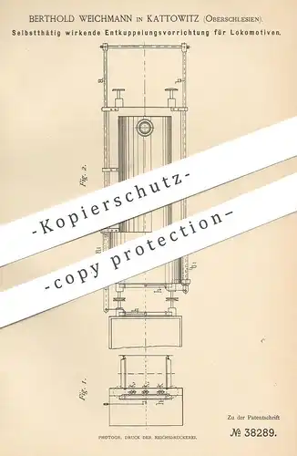 original Patent - Berthold Weichmann , Kattowitz / Oberschlesien | Entkupplung für Lokomotive | Kupplung , Eisenbahn