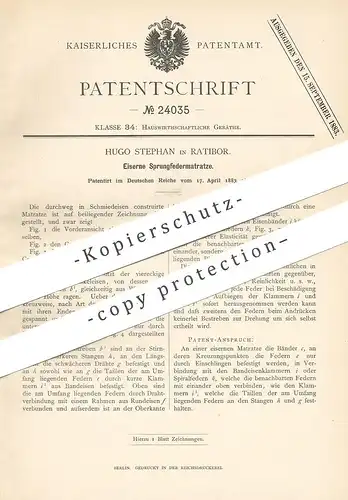 original Patent - Hugo Stephan , Ratibor , 1883 , Eiserne Sprungfedermatratze | Sprungfeder - Matratze | Bett , Betten !
