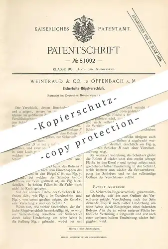 original Patent - Weintraud & Co. , Offenbach / Main , 1889 , Bügelverschluss für Tasche , Koffer | Bügel - Verschluss !