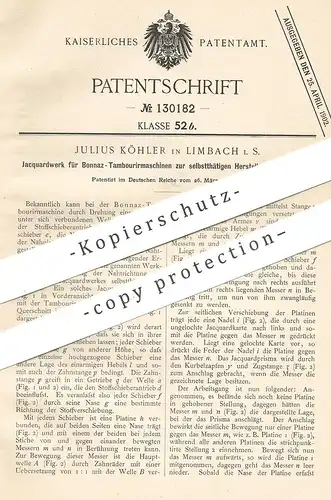 original Patent - Julius Köhler , Limbach , 1901 , Jaquardwerk für Bonnaz - Tambouriermaschine | Stoff - Muster , Gewebe