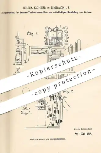 original Patent - Julius Köhler , Limbach , 1901 , Jaquardwerk für Bonnaz - Tambouriermaschine | Stoff - Muster , Gewebe