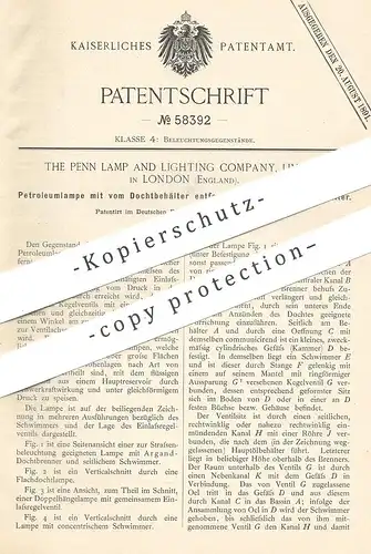 original Patent - The Penn Lamp and Lighting Comp. Ltd. London , England , 1890 , Petroleumlampe | Öl , Öllampe !!!