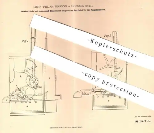 original Patent - James William Pearson , Hornsea , England , 1900 , Selbstverkäufer mit Münzeinwurf | Automat , Kasse !