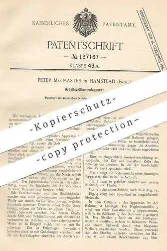 original Patent - Peter Mac Master , Hamstead , England , 1902 , Arbeitszeit - Kontrollapparat | Zeit - Überwachung !!!