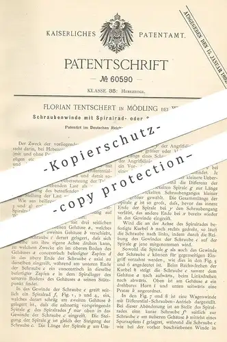 original Patent - Florian Tentschert , Mödling , Wien / Österreich , 1891 , Schraubenwinde m. Antrieb | Winde , Hebezeug