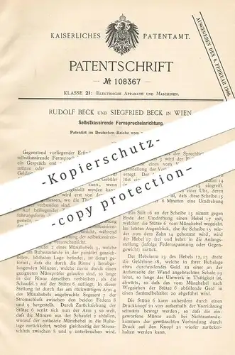 original Patent - Rudolf u. Siegfried Beck , Wien / Österreich , 1898 , Selbstkassierender Fernsprecher | Münz - Telefon