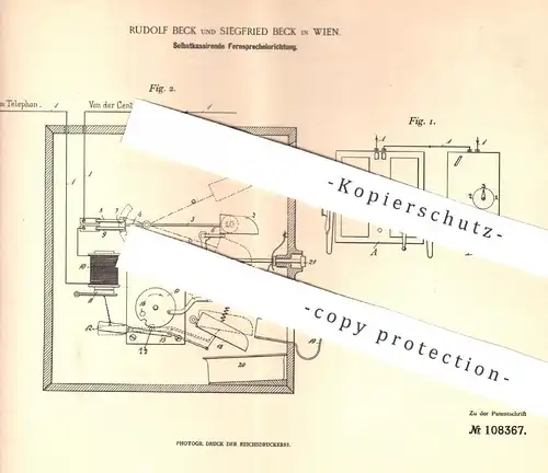 original Patent - Rudolf u. Siegfried Beck , Wien / Österreich , 1898 , Selbstkassierender Fernsprecher | Münz - Telefon