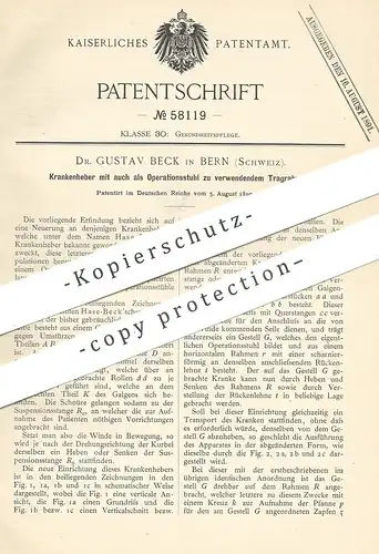 original Patent - Dr. Gustav Beck , Bern / Schweiz , 1890 , Krankenheber , Trage , Operationsstuhl | Stuhl , Krankenhaus
