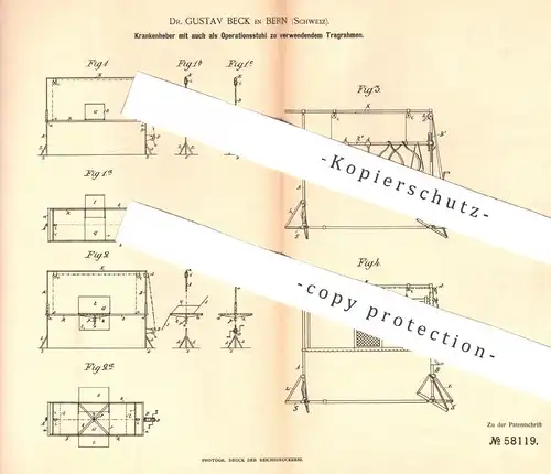 original Patent - Dr. Gustav Beck , Bern / Schweiz , 1890 , Krankenheber , Trage , Operationsstuhl | Stuhl , Krankenhaus