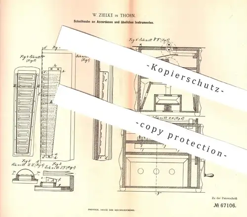 original Patent - W. Zielke , Thorn , 1892 , Schallhaube an Akkordeon | Schall | Pistonkappe | Musikinstrument , Musik