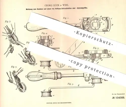 original Patent - Georg Gück , Werl / Ruhr / Hamm , 1898 , Werkzeug für Stollen an Hufeisen | Pferd , Schmied !!!