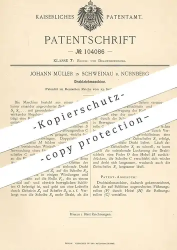 original Patent - Johann Müller , Schweinau / Nürnberg 1898 , Drahtziehmaschine | Draht ziehen | Drähte | Blech , Metall