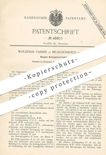 original Patent - Woldemar Tanner , Neuschönfeld / Leipzig 1888 , Bogen - Anlegevorrichtung | Papier , Druck , Druckerei