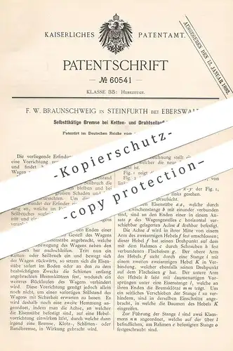 original Patent - F. W. Braunschweig , Steinfurth / Eberswalde , 1891 , Bremse bei Ketten- u. Drahtseilaufzug | Aufzug