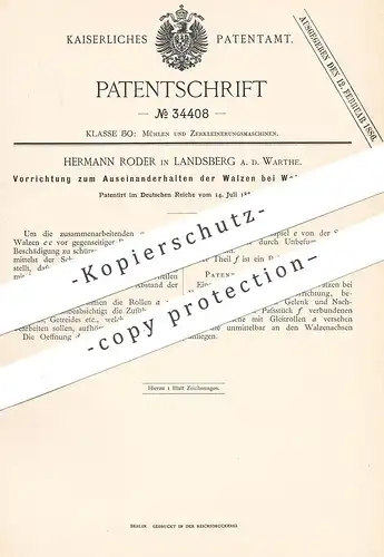 original Patent - Hermann Roder , Landsberg / Warthe , 1885 , Walzen am Walzenstuhl | Walze | Mühle , Mühlen | Müllerei