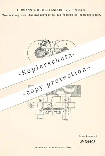 original Patent - Hermann Roder , Landsberg / Warthe , 1885 , Walzen am Walzenstuhl | Walze | Mühle , Mühlen | Müllerei