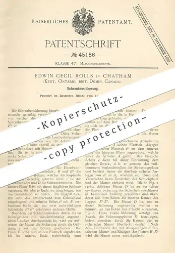 original Patent - Edwin Cecil Rolls , Chatham , Kent , Ontario , Brit. Domin. , Canada , 1887 , Schrauben - Sicherung !
