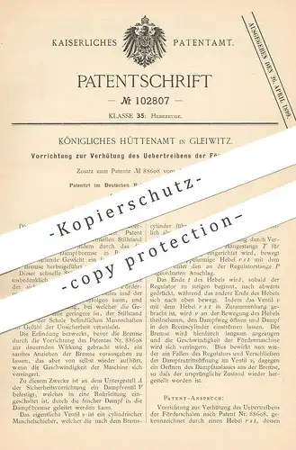 original Patent - Königliches Hüttenamt , Gleiwitz , 1898 , Schutz an Förderschale | Fördermaschine | Hebezeug , Aufzug