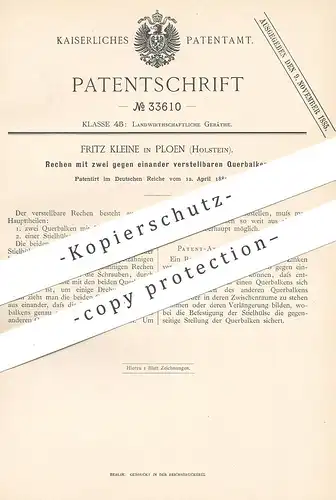 original Patent - Fritz Kleine , Ploen / Plön / Schleswig Holstein , 1885 , Rechen | Harke , Stroh , Getreide , Heu !!!