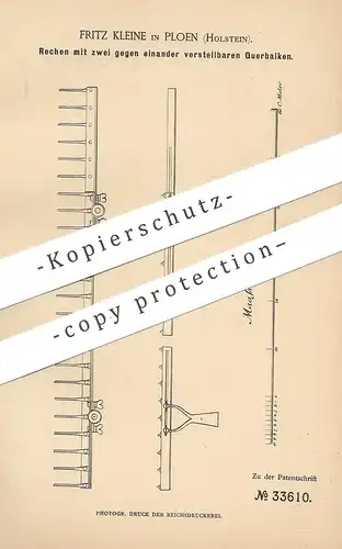 original Patent - Fritz Kleine , Ploen / Plön / Schleswig Holstein , 1885 , Rechen | Harke , Stroh , Getreide , Heu !!!