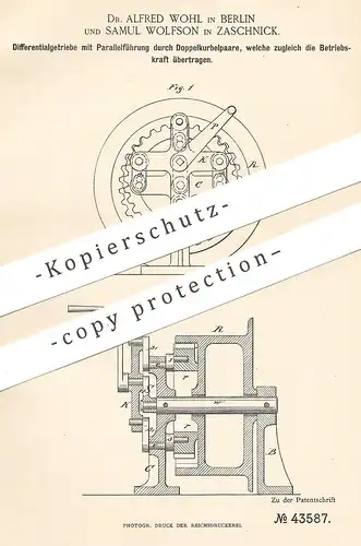 original Patent - Dr. Alfred Wohl , Berlin | Samul Wolfson , Zaschnick , 1887 , Differentialgetriebe | Getriebe | Motor