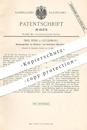 original Patent - Ferd. Wiese , Glücksburg , 1888 , Schwungrad an Häckselmaschine | Häckseler | Landwirtschaft , Pflug