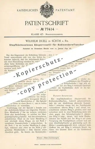 original Patent - Wilhelm Duell , Sürth am Rhein / Köln , 1894 , Absperrventil f. Kohlensäure - Flasche | Ventil | Säure