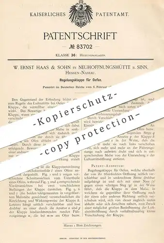 original Patent - W. Ernst Haas & Sohn , Neuhoffnungshütte , Sinn / Hessen Nassau , 1895 , Ofenklappe | Ofen , Ofenbauer