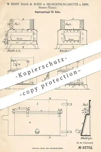 original Patent - W. Ernst Haas & Sohn , Neuhoffnungshütte , Sinn / Hessen Nassau , 1895 , Ofenklappe | Ofen , Ofenbauer