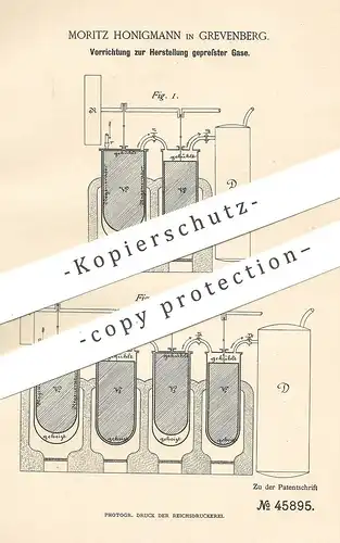 original Patent - Moritz Honigmann , Grevenberg / Holland | 1888 , Herstellung gepresster Gase | Gas | Gebläse !!!