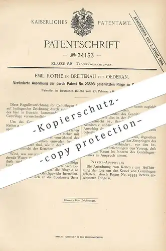 original Patent - Emil Rothe , Breitenau bei Oederan / Chemnitz , Freiberg , 1885 , Ring - Anordnung an Zentrifuge !!!