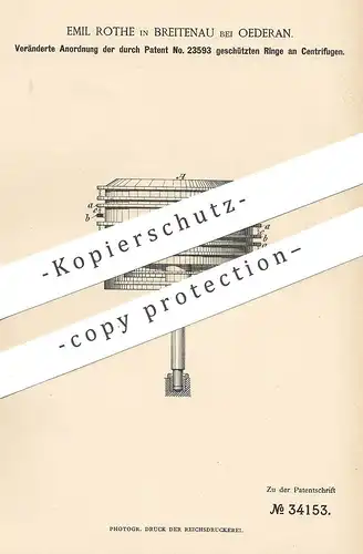 original Patent - Emil Rothe , Breitenau bei Oederan / Chemnitz , Freiberg , 1885 , Ring - Anordnung an Zentrifuge !!!
