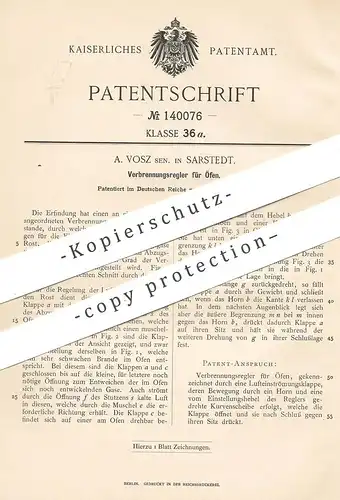 original Patent - A. Vosz , Sarstedt / Hannover / Niedersachsen , 1902 , Verbrennungsregler für Ofen | Öfen , Ofenbauer