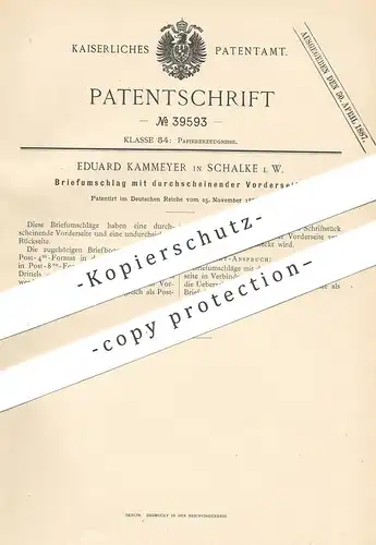 original Patent - Eduard Kammeyer , Schalke 1886 , Briefumschlag mit Fenster | Brief , Kuvert , Umschlag | Papier , Post