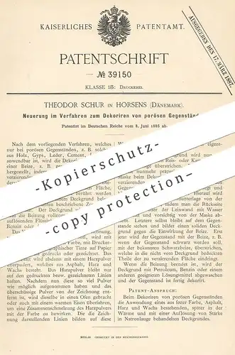 original Patent - Theodor Schur , Horsens , Dänemark , 1886 , Verzierung poröser Gegenstände aus Holz , Gips , Leder !!!