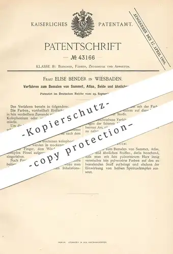 original Patent - Elise Bender , Wiesbaden , 1887 , Bemalen von Samt , Atlas , Seide , Stoff , Gewebe | Stoffmalerei !!