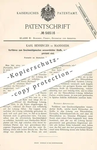 original Patent - Karl Bensinger , Mannheim , 1890 , Geschmeidigmachen wasserdichter Stoffe | Nitrocellulose | Zellulose